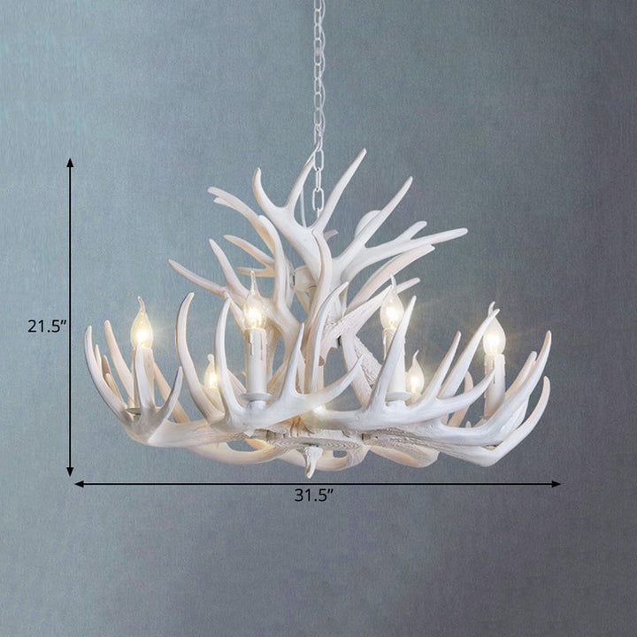 Chic white antler chandelier, enhancing rustic farmhouse decor. Unique and bright lighting.