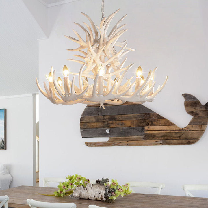 Handcrafted white resin antler chandelier, rustic elegance lighting. Perfect for dining areas.