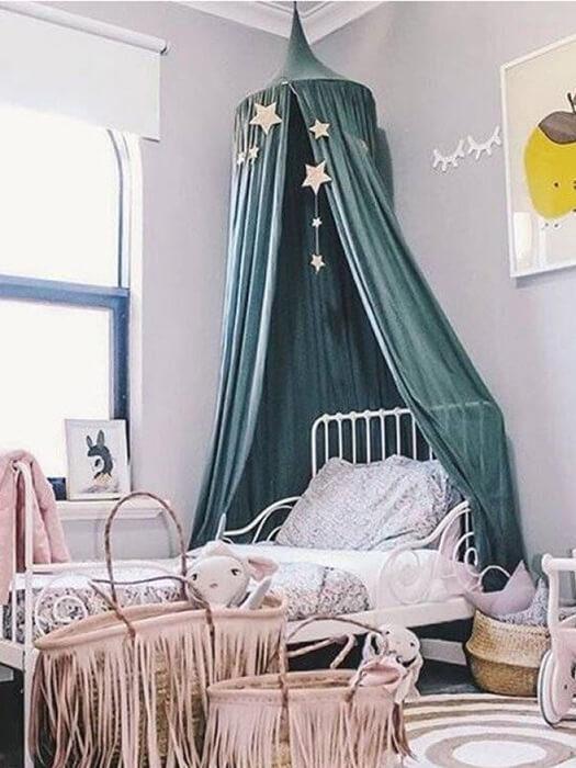 Baby nursery bed canopy, a dreamy chiffon cotton play tent for magical kids room decor.