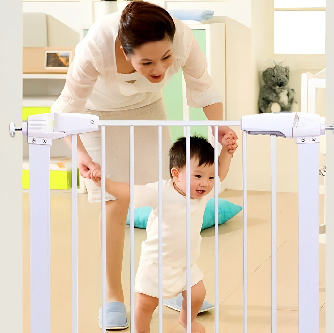 White baby stair safety gate, pressure mount for child protection & toddler safety.