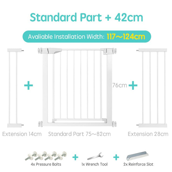 White metal baby safety gate, secure pressure mount for stairs, ensuring kid protection.