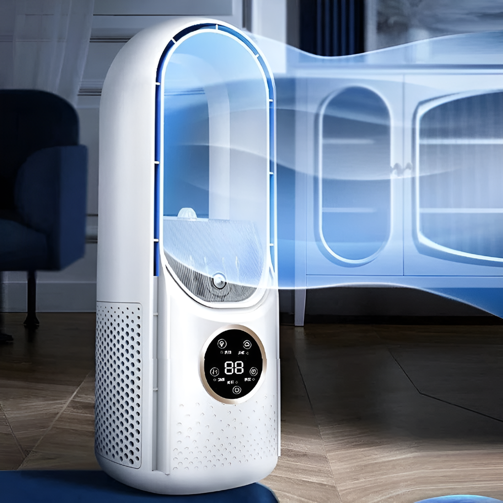 White & blue silent portable air cooling fan for home or office, perfect for personal desk cooling.