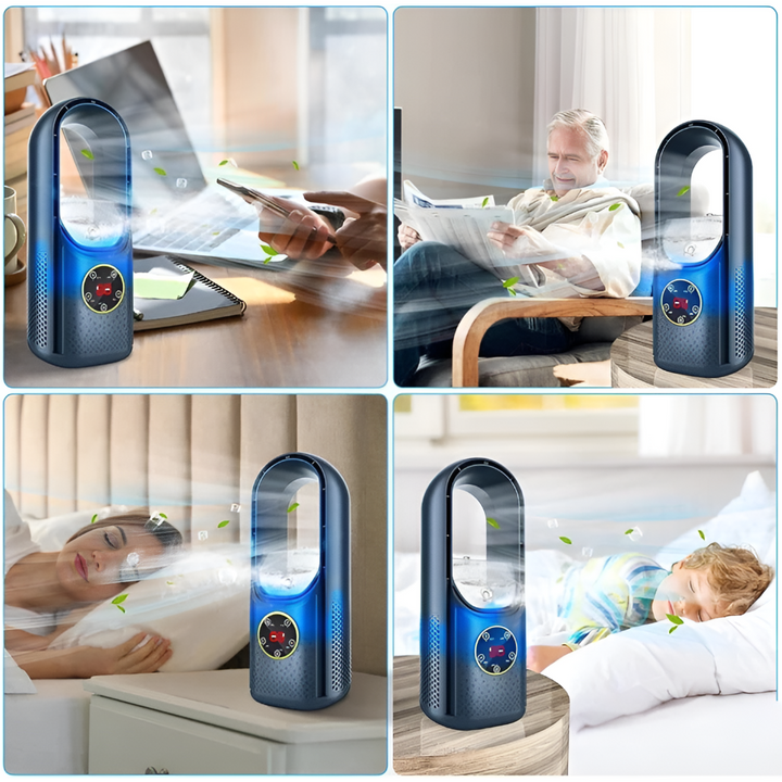 Modern white & blue bladeless portable fan provides silent personal cooling for any room or office.