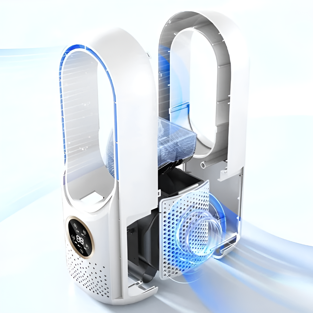 Tabletop white & blue portable air cooling fan for quiet personal comfort in home office or bedroom.