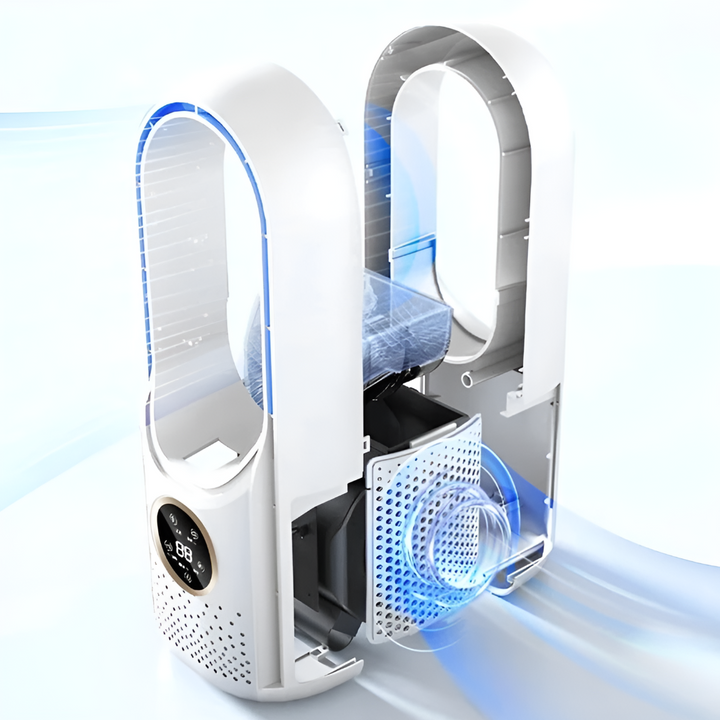 Tabletop white & blue portable air cooling fan for quiet personal comfort in home office or bedroom.