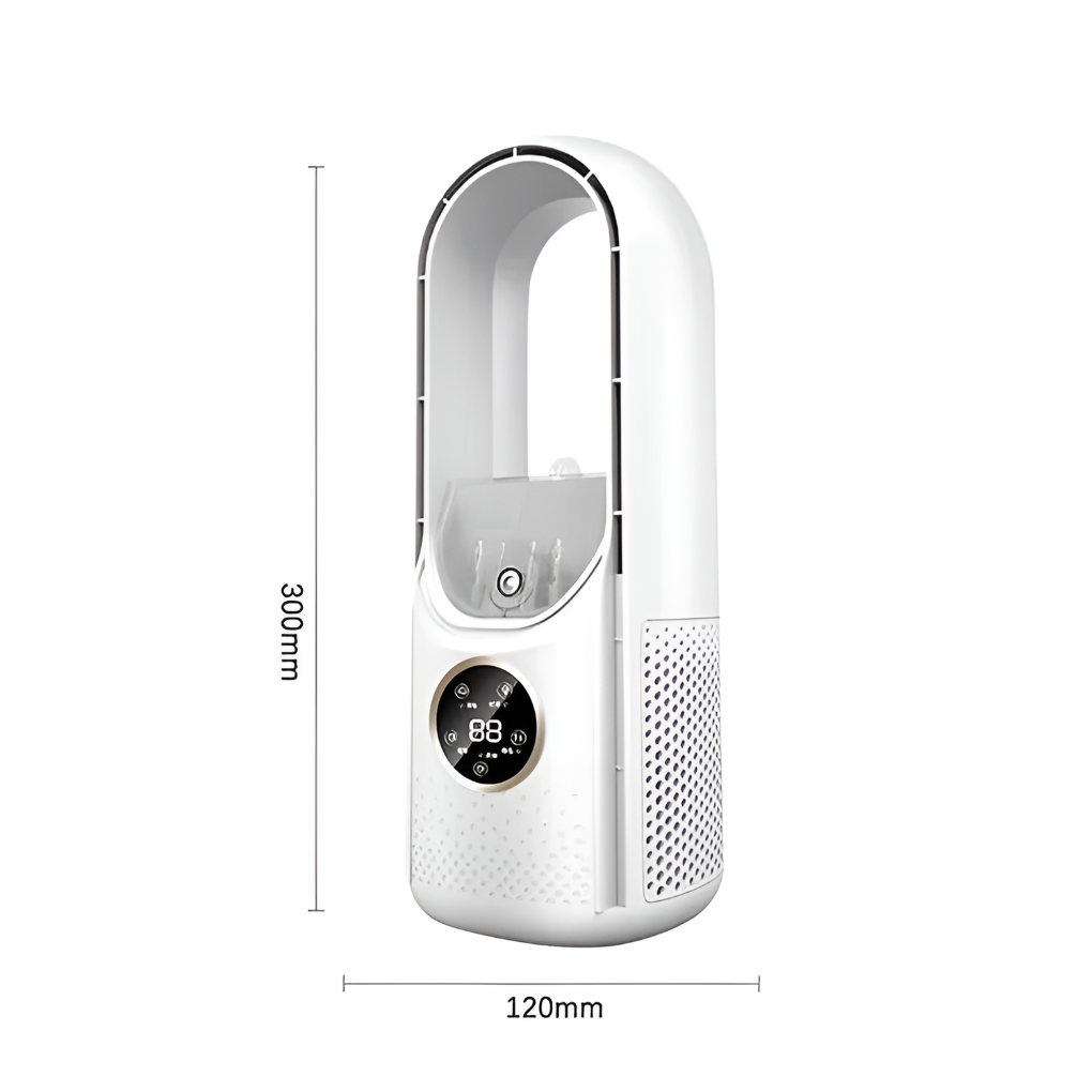 Compact white & blue silent portable fan, an efficient air cooler for both home and office environments.