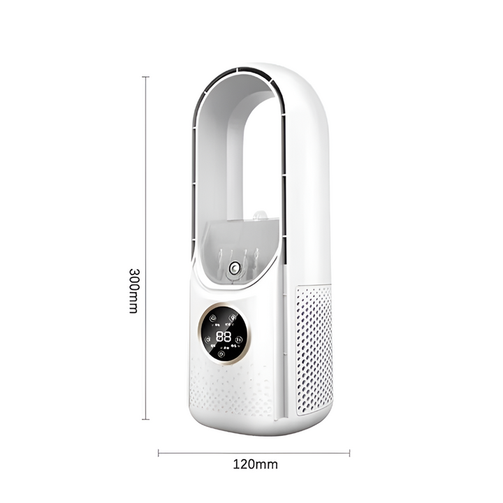 Compact white & blue silent portable fan, an efficient air cooler for both home and office environments.