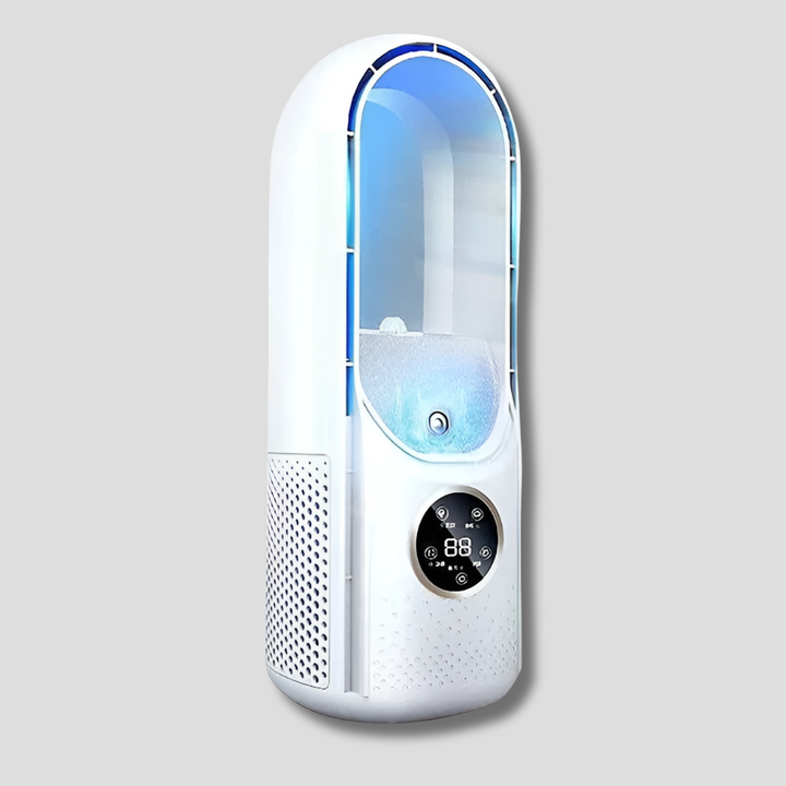Silent, portable white & blue air cooling fan offers efficient personal cooling for desks and small spaces.