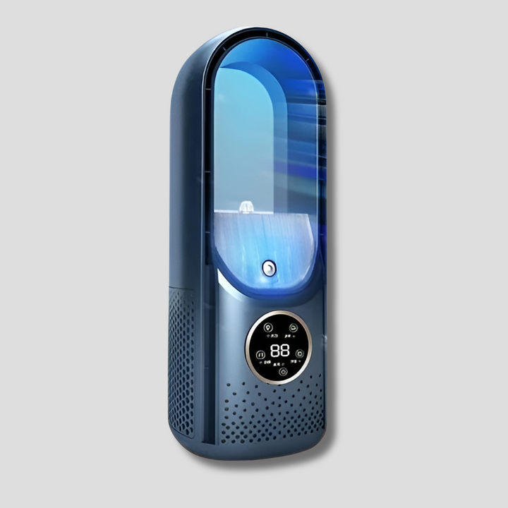 Sleek white & blue quiet portable air cooler, providing refreshing airflow for a comfortable home or office.