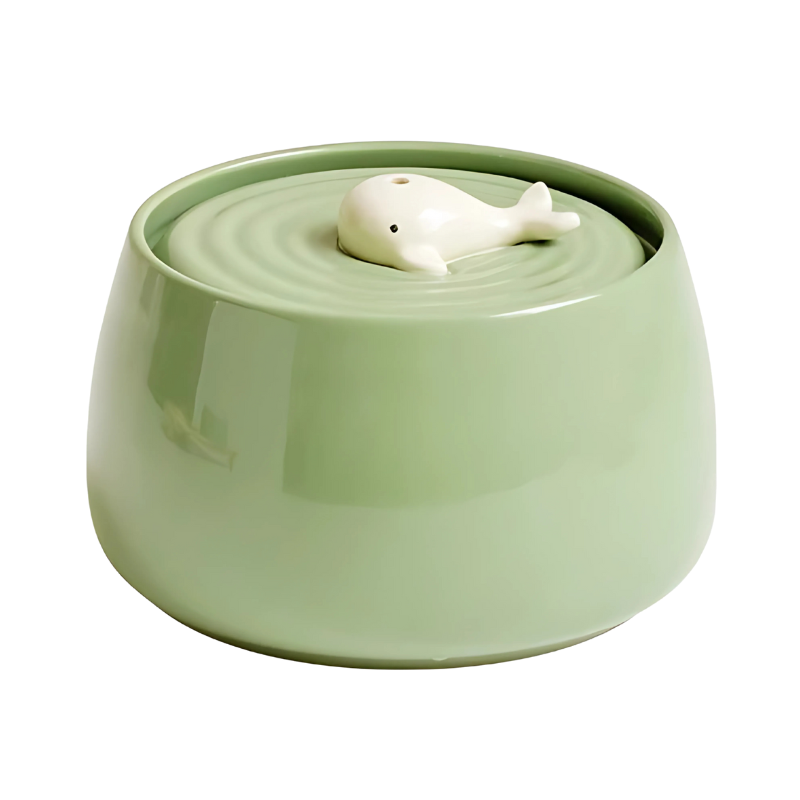 Modern white ceramic pet fountain with quiet operation, providing constant fresh filtered water for pets.