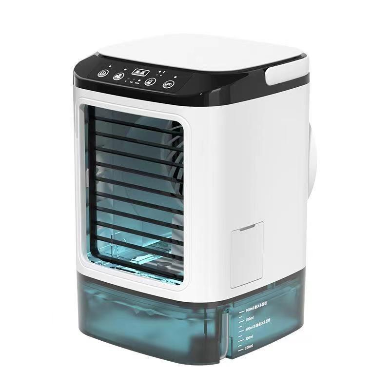 White compact air cooler for women, portable desk fan with smart humidity control for office or home comfort.