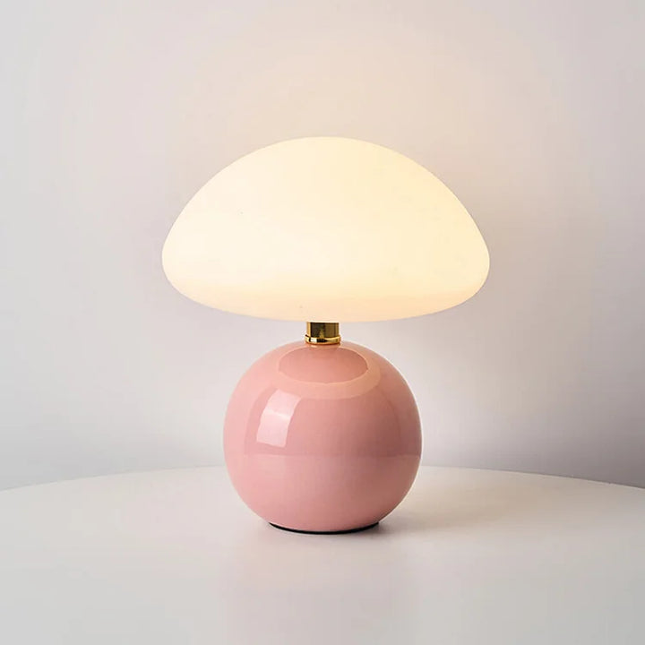 Home accent mushroom LED lamp, decorative and provides adjustable light.