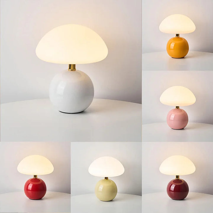 Minimalist mushroom table lamp, LED with dimmable, color-changing features.