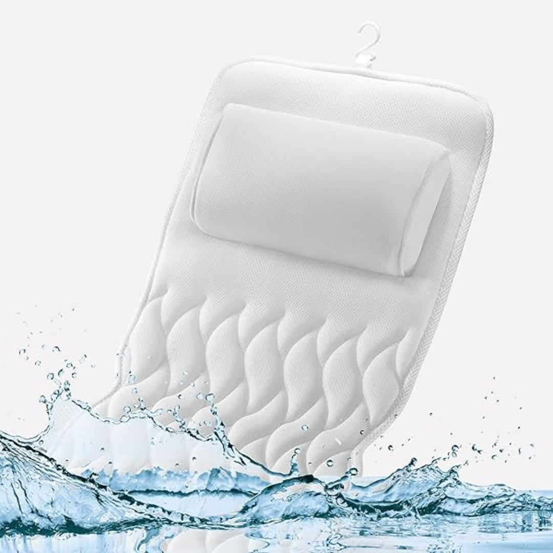 Luxe white mesh full body bath pillow provides premium comfort and supports ultimate relaxation in your tub.