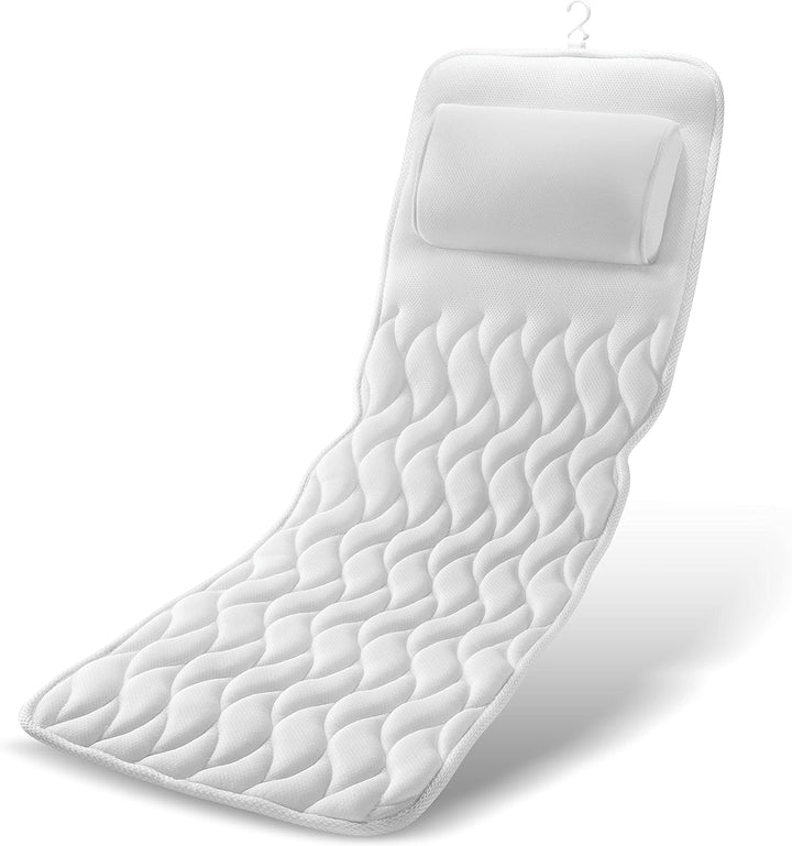 White full body bathtub pillow for blissful relaxation. Luxe mesh design elevates bath comfort for self-care.