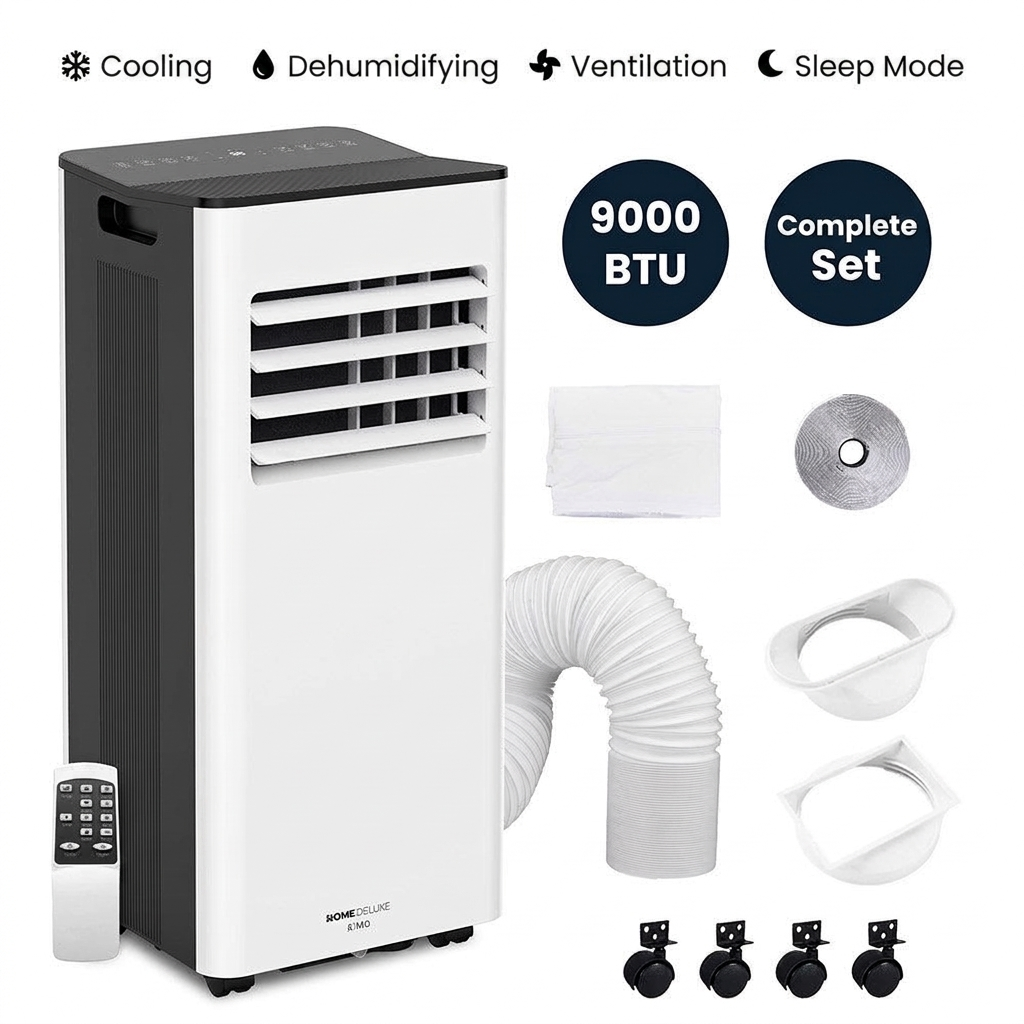 White portable air conditioner on wheels. Smart 3-in-1 cooling, dehumidifying, and fan for home comfort.