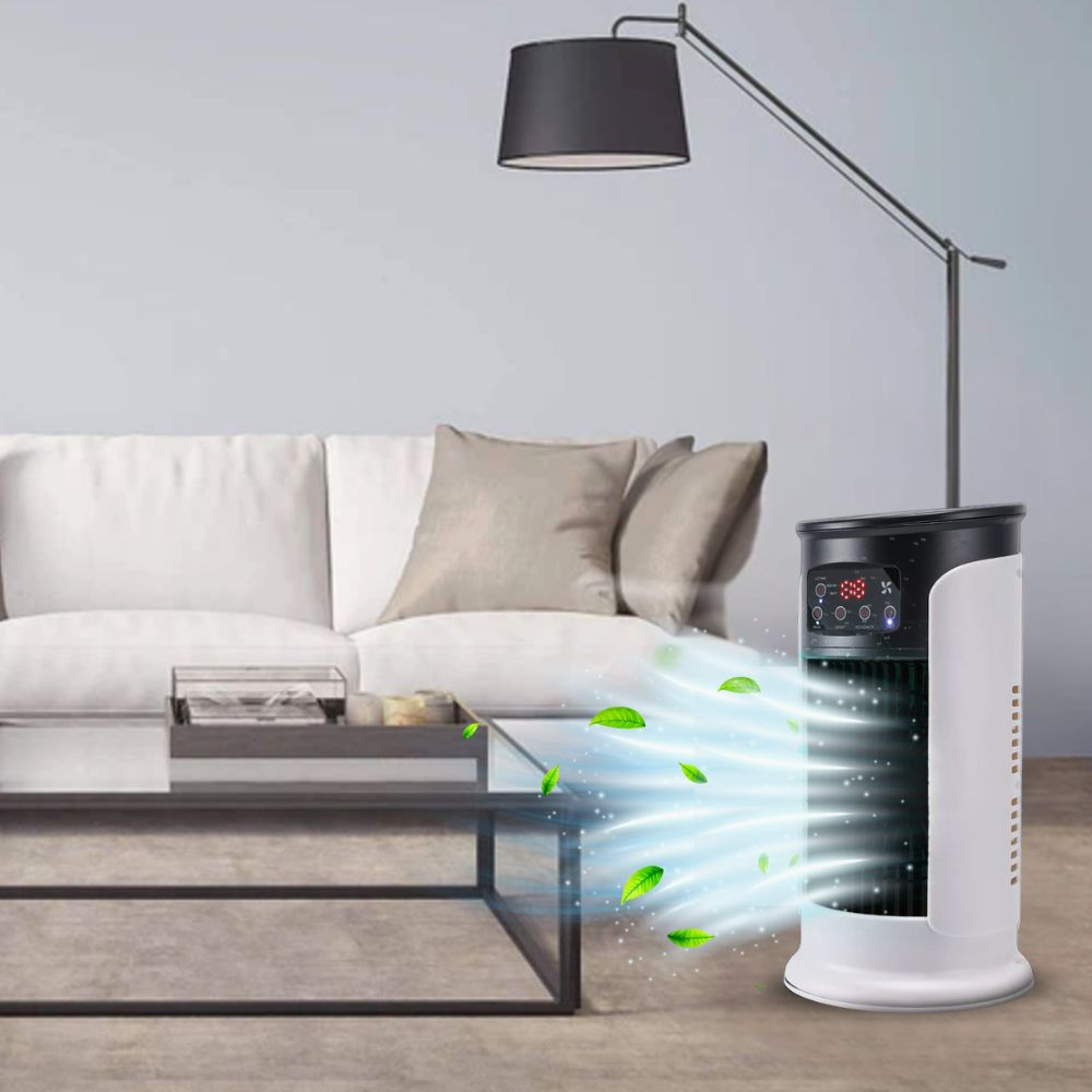 White portable room air conditioner, compact & windowless, for efficient personal cooling in any home space.