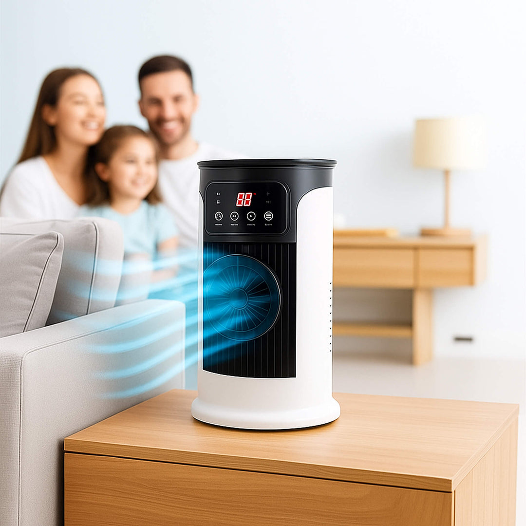 Energy-efficient portable room cooler with quiet operation, providing comfortable indoor air for summer essentials.