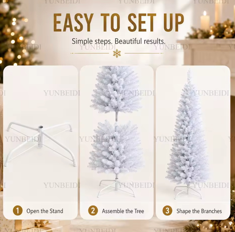 Contemporary white slim artificial Christmas tree, a space-saving pencil design for stylish holiday decor.