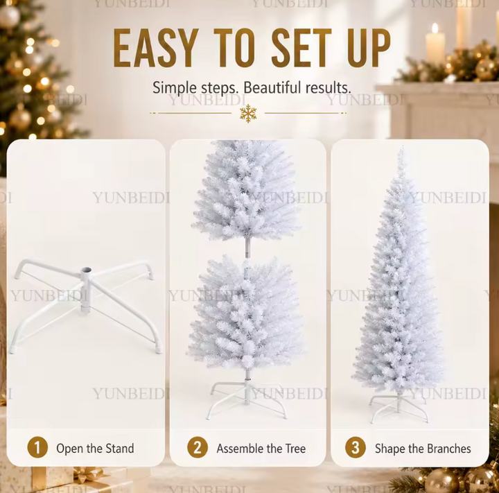 Contemporary white slim artificial Christmas tree, a space-saving pencil design for stylish holiday decor.
