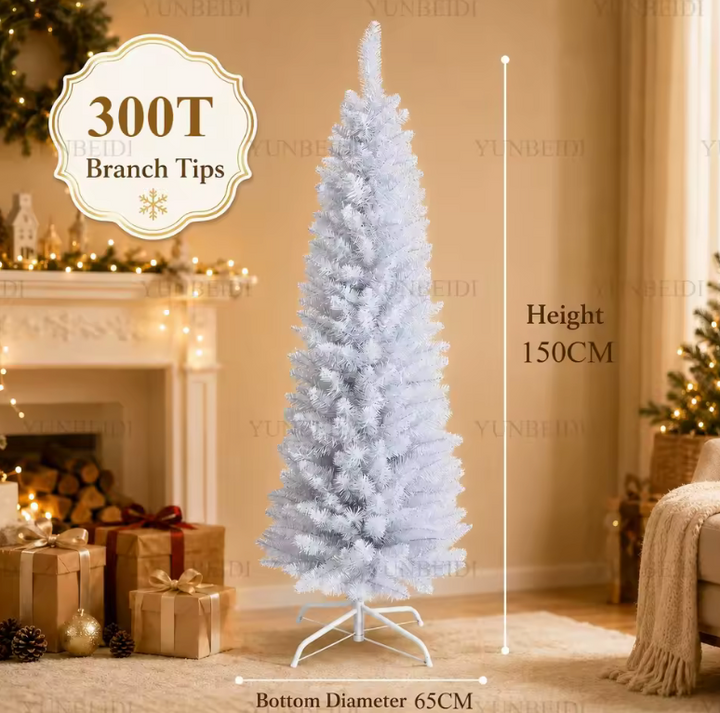 Elegant white pencil Christmas tree, perfect slim design for apartments & small space holiday decor.