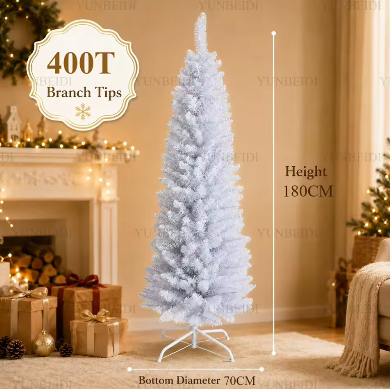 Festive white artificial slim Christmas tree, ideal for small homes, adding modern holiday cheer.