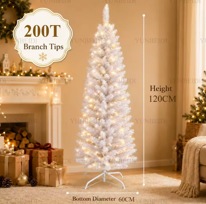 Space-saving white slim artificial Christmas tree, a modern festive decor solution for compact areas.