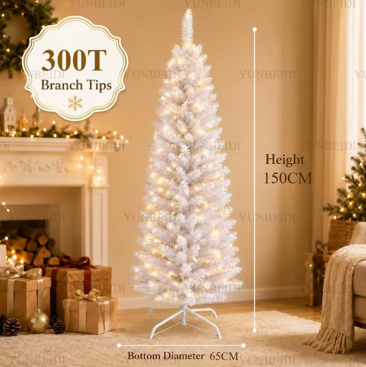 Tall white slim Christmas tree, a pencil artificial tree design for elegant, space-saving holiday decor.