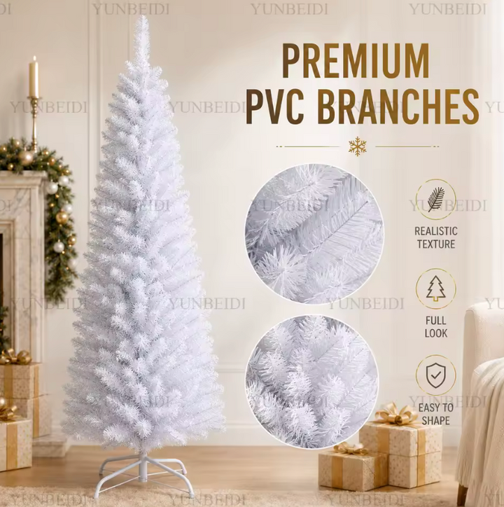 Unlit white slim pencil Christmas tree, a versatile artificial holiday decor for small modern spaces.