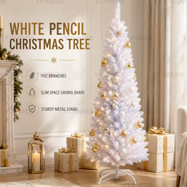 Bright white slim Christmas tree, a festive artificial pencil tree perfect for modern small space decor.