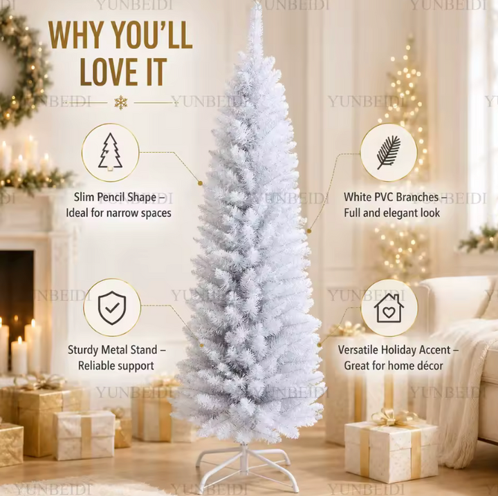 White slim artificial pencil Christmas tree, ideal apartment holiday decor for a festive small space.