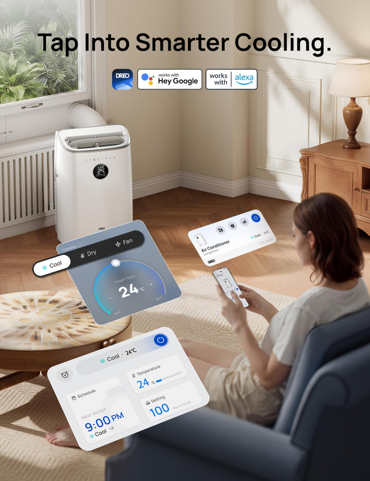 High-tech smart portable AC with intuitive mobile app control for personalized home comfort.