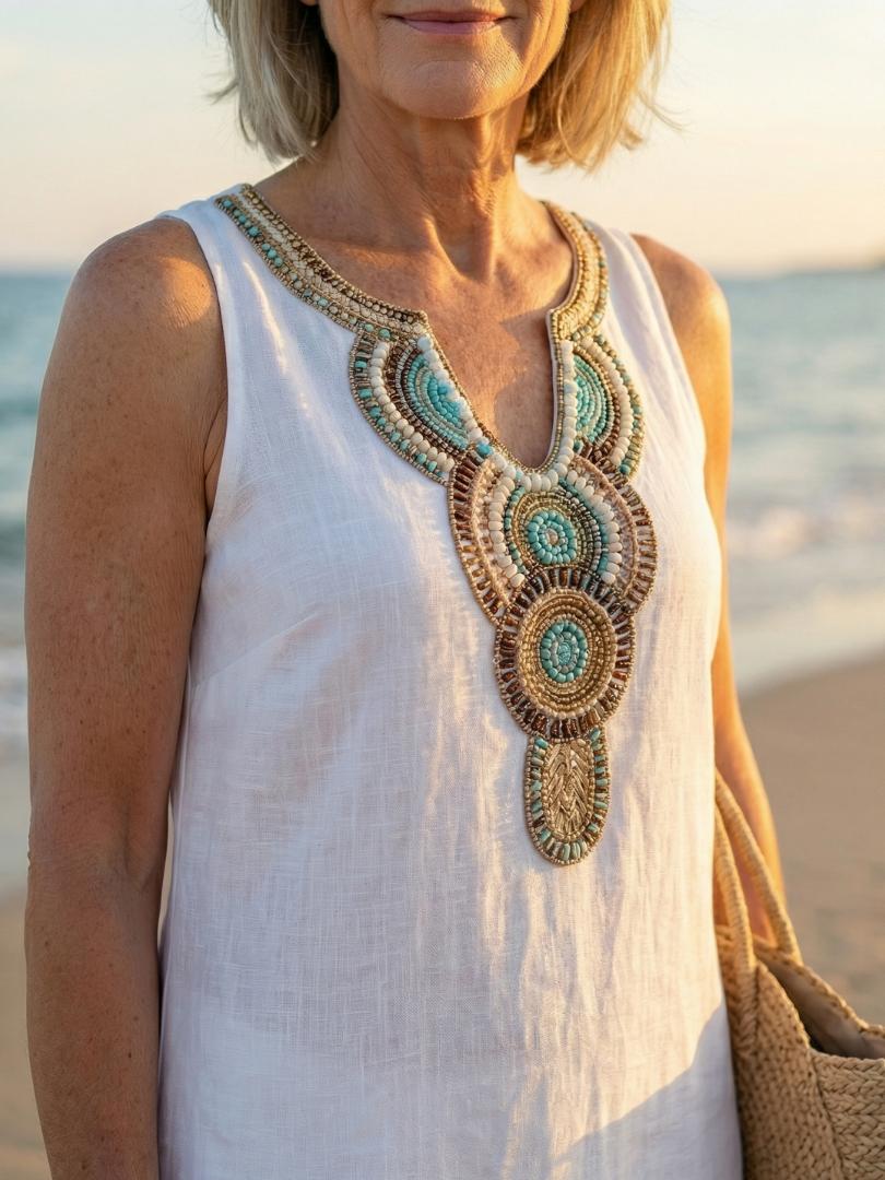 Intricate embroidery on a white women's relaxed fit airy flow midi dress. Ideal for summer casual wear.