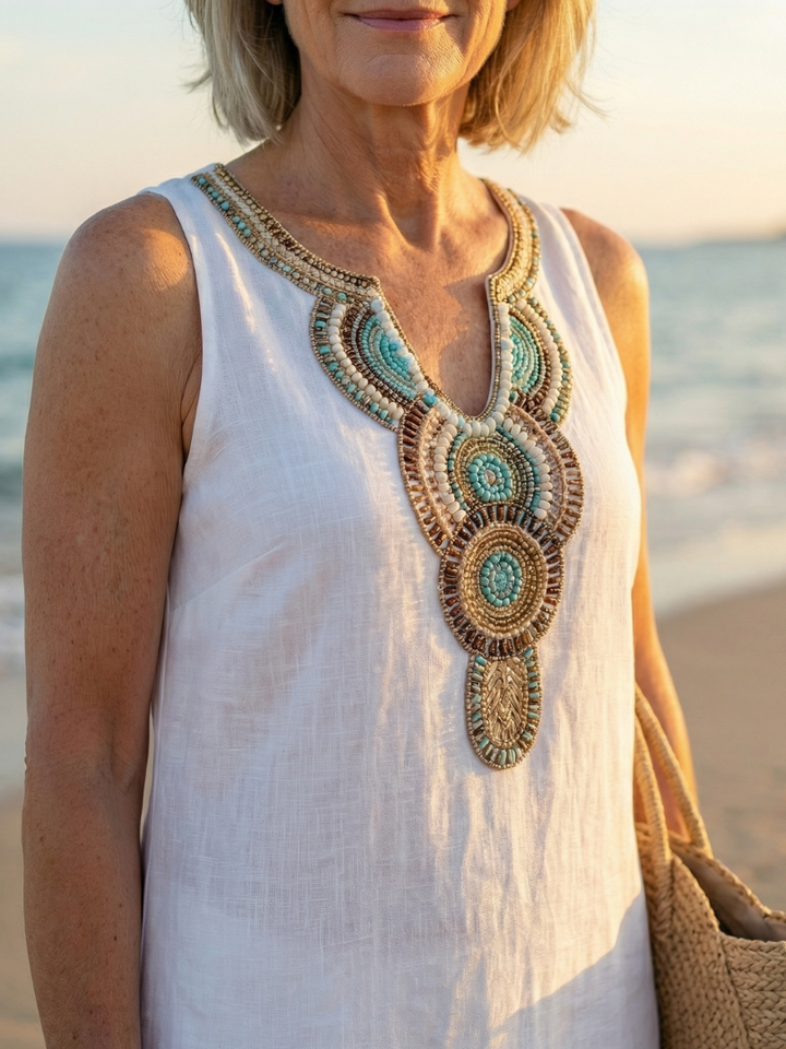 Intricate embroidery on a white women's relaxed fit airy flow midi dress. Ideal for summer casual wear.