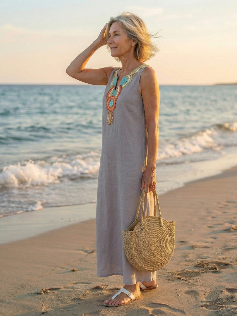 Elegant white sleeveless midi dress with a relaxed fit, airy flow, and stunning embroidered details for women.