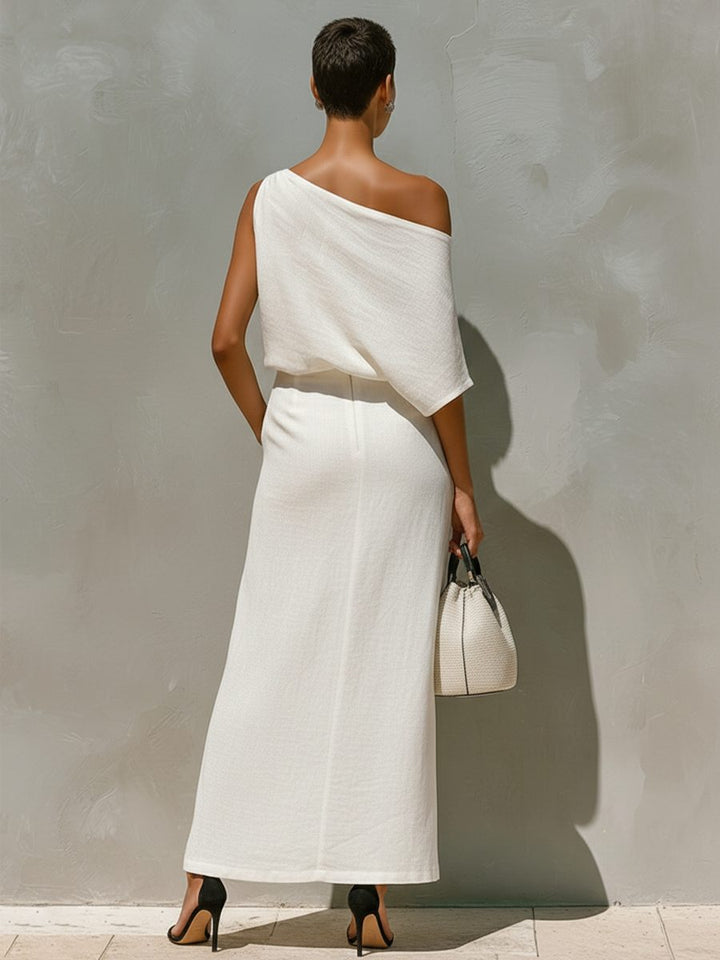 Chic women's one-shoulder elegant skirt set with a front split, perfect for sophisticated summer fashion.