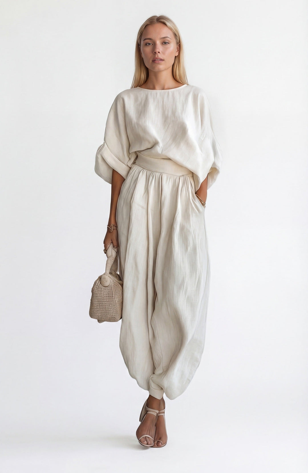 White women's relaxed co-ord set featuring a flowing blouse & wide leg trousers for elegant summer style.