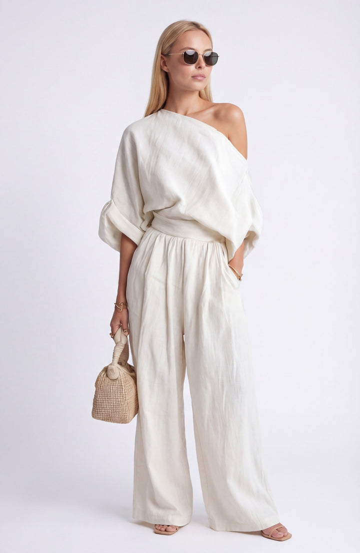 Women's two-piece relaxed blouse & wide leg trousers co-ord set, perfect for spring casual elegance.