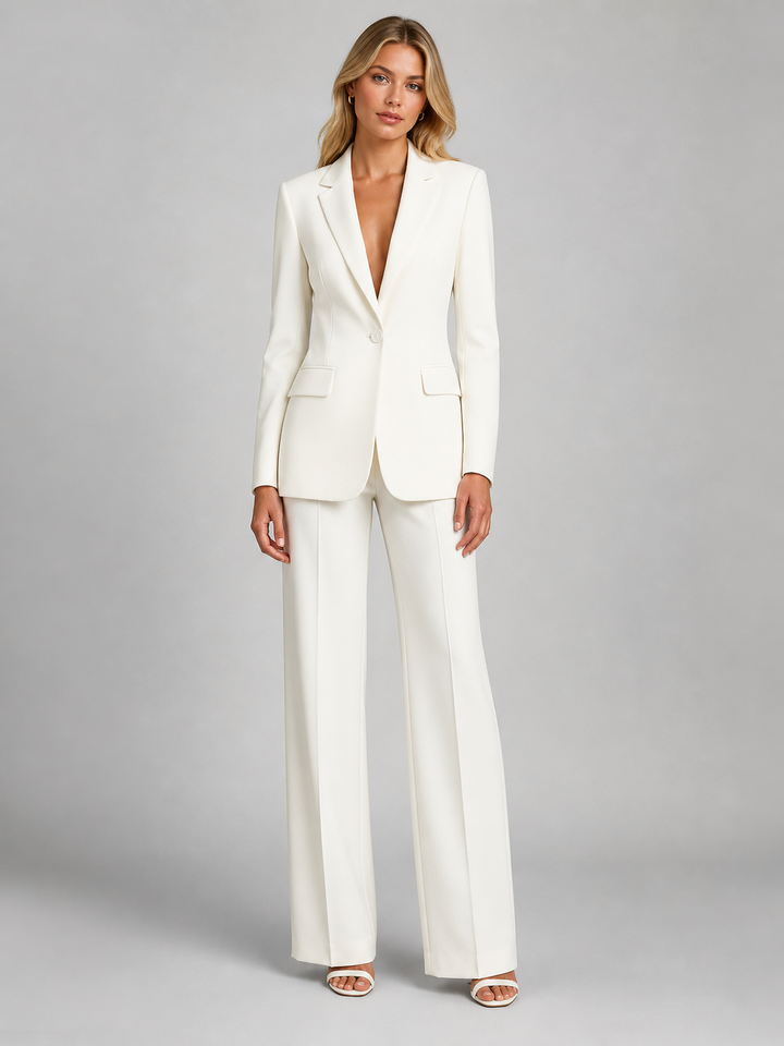 Elegant black women's two-piece suit with tailored blazer and wide leg pants, ideal for workwear.