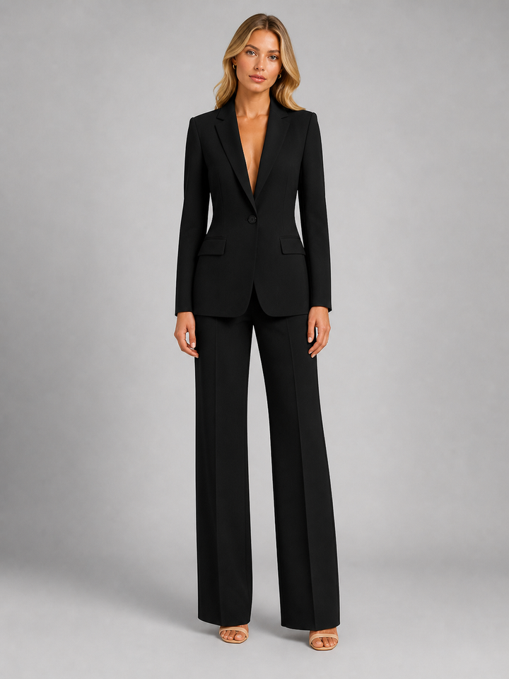 Chic black women's business attire, featuring a modern tailored blazer and stylish wide leg pants set.