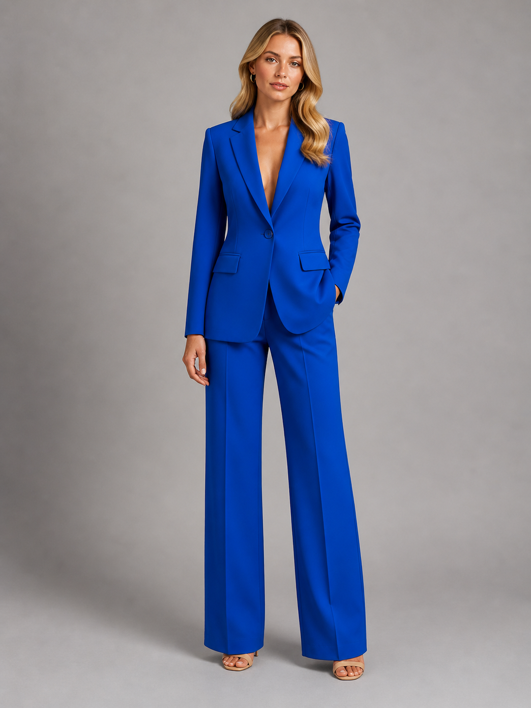 Smart blue women's two-piece workwear suit, including a fitted blazer and comfortable wide leg trousers.