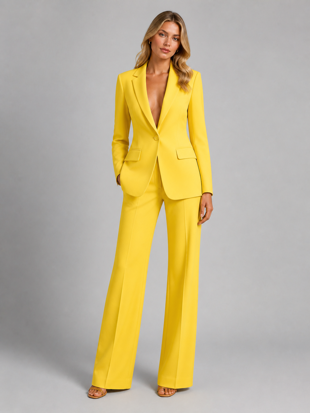 Classic women's tailored blazer and wide leg pant set, a versatile professional outfit for any business setting.
