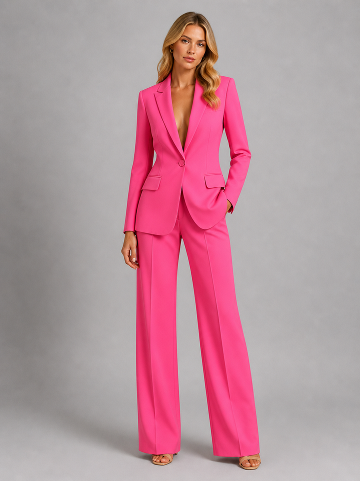 Fashionable white women's professional suit: tailored blazer paired with elegant wide leg trousers.