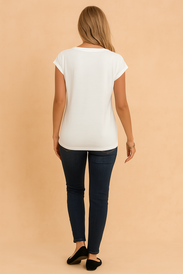 Comfortable relaxed fit V-neck short sleeve white top for women, ideal for everyday summer fashion.