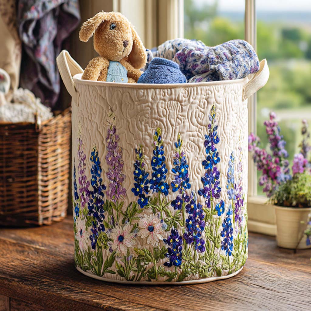 Wildflower quilted fabric laundry basket, self-standing for home decor & clothes storage. Durable clothes hamper.