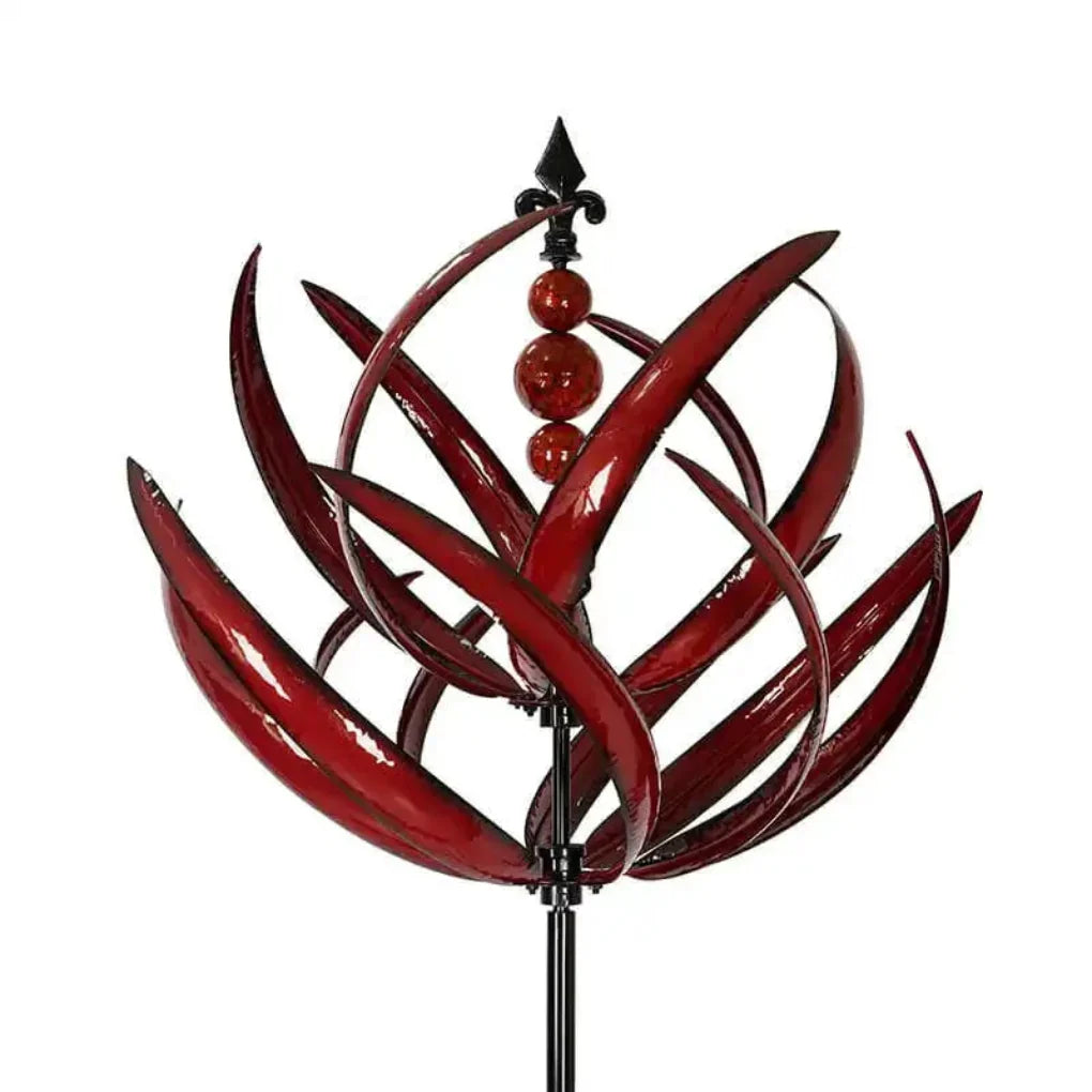 Wind-driven kinetic metal art sculpture for gardens. Modern outdoor decor, weather-resistant garden accent & wind spinner.