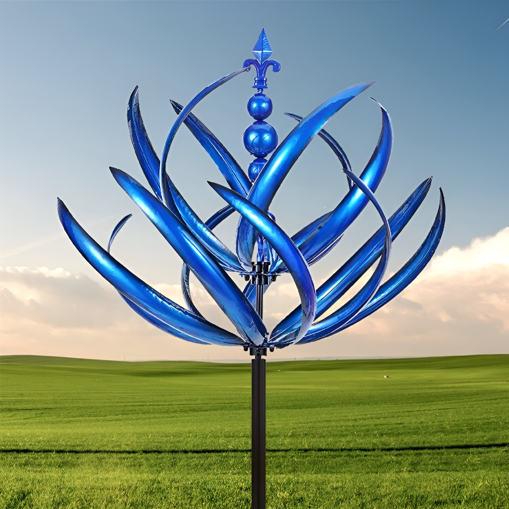 Elegant outdoor wind spinner kinetic art sculpture in a garden. Eco-friendly metal yard ornament & modern garden decor.