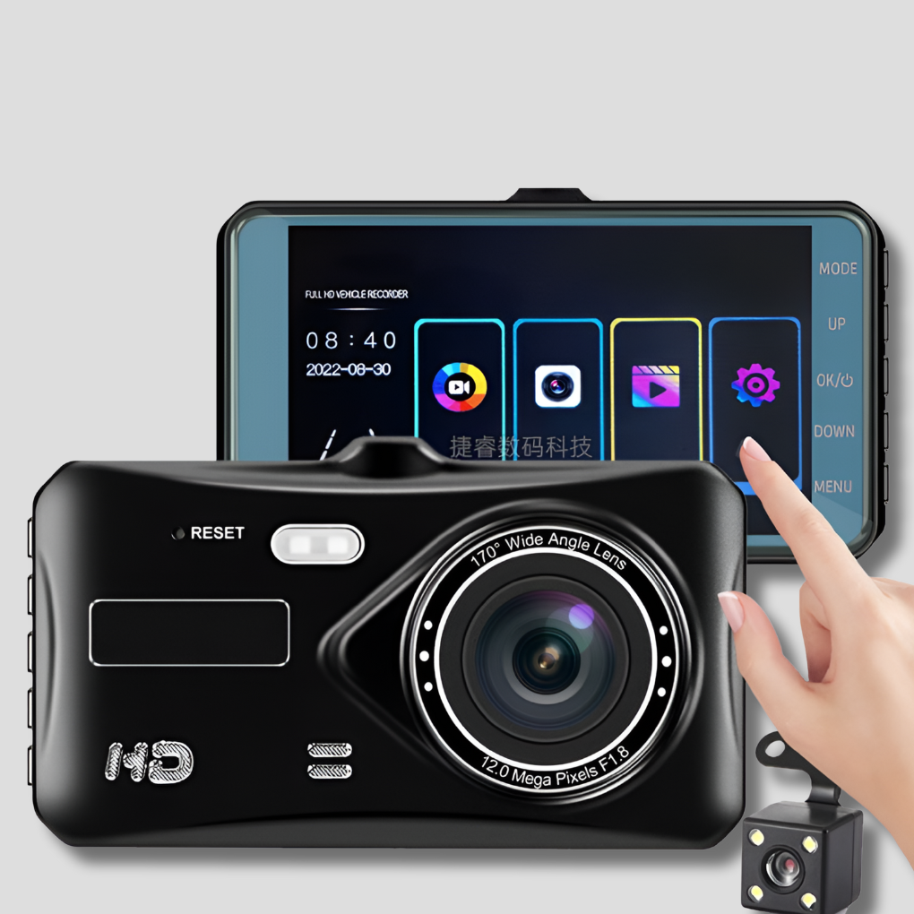 Wireless dual dash camera with night vision, 170° wide-angle lenses for front & rear road safety recording.