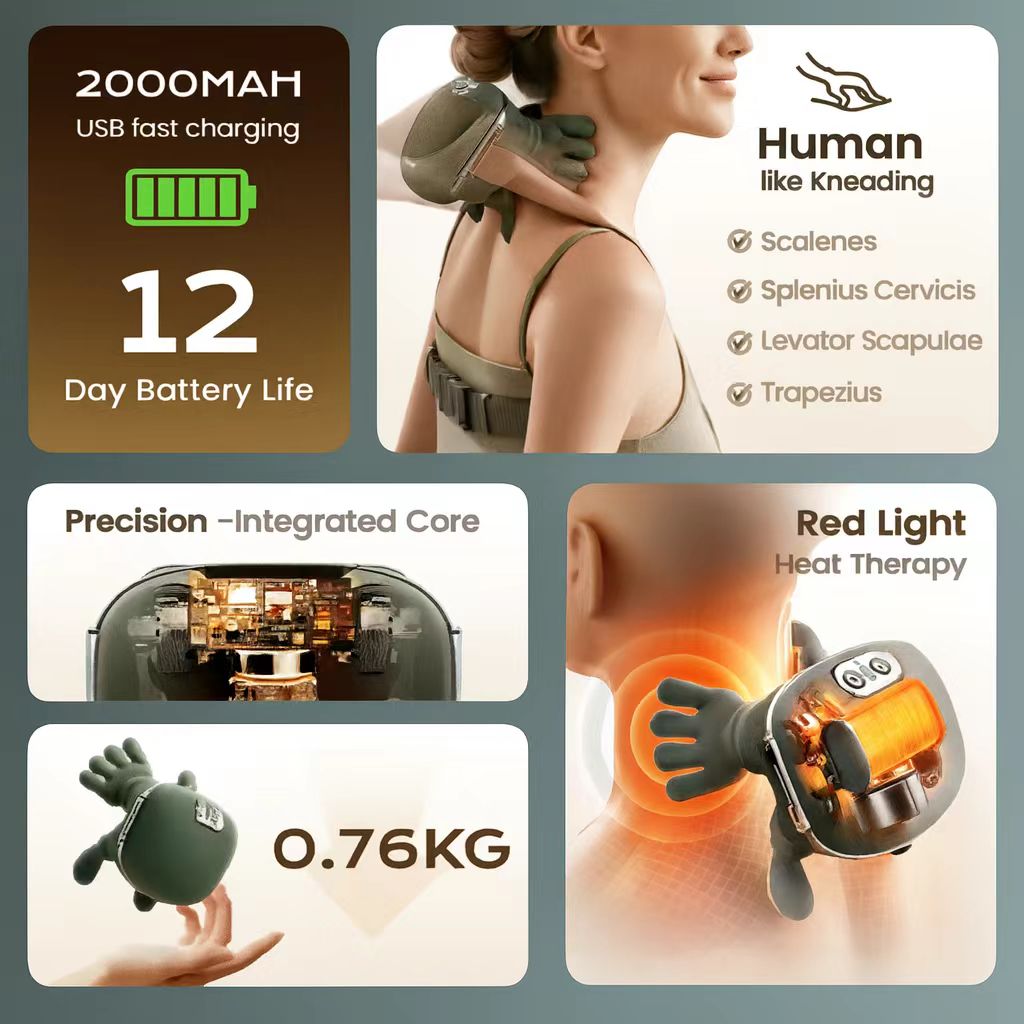Deep tissue shiatsu neck & shoulder massager. Wireless, rechargeable, provides heat therapy for muscle relaxation.