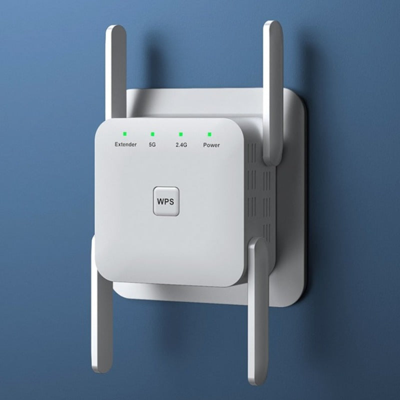 Wireless WiFi Extender with dual-band technology, boosting home network signal for faster internet.